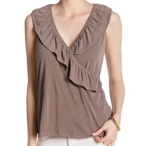 Harlowe Graham Womens Ribbed Wrap Top Large Faux Wrap Brown NEW